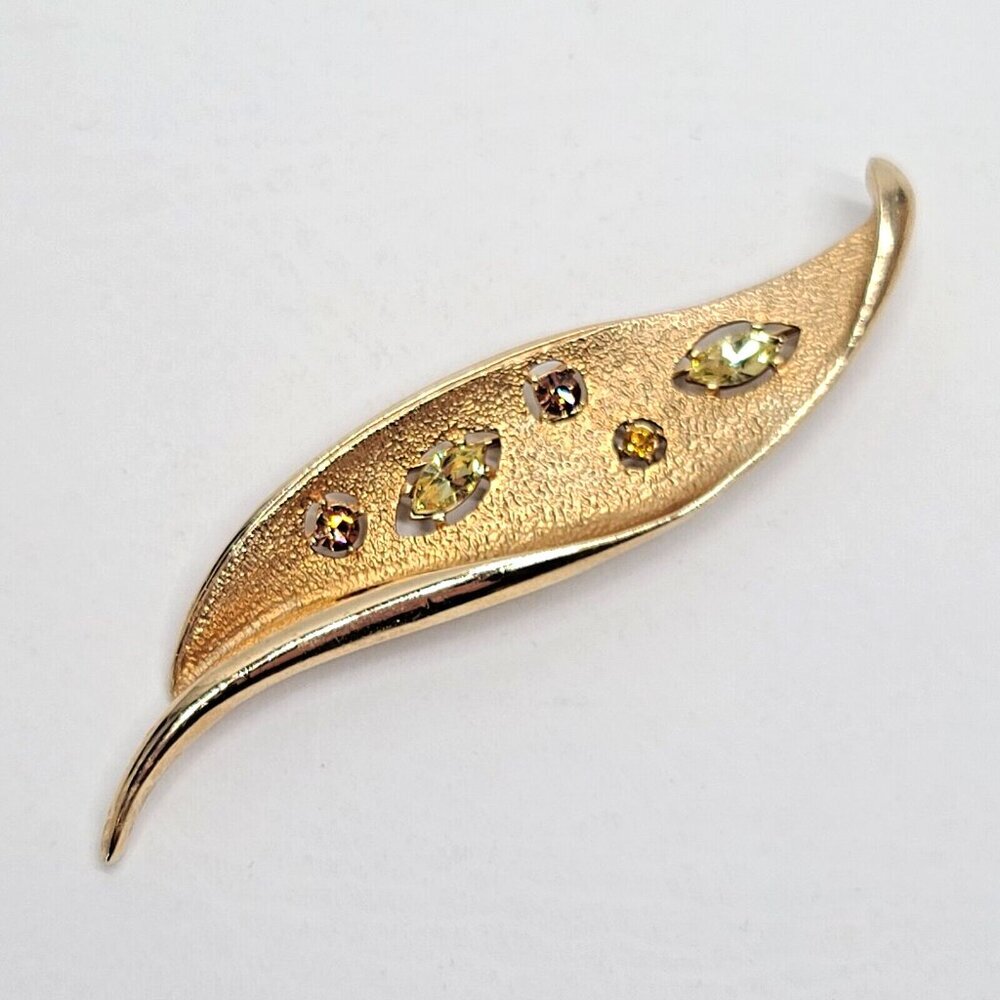 Emmons Gold Tone Leaf Brooch Pin Green Yellow Champagne Marquise Rhinestones, 3D